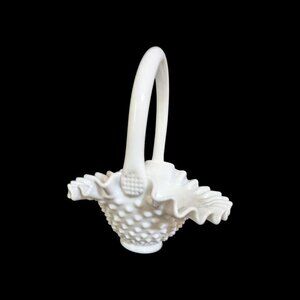 Vintage Fenton‎ Hobnail Milk Glass Basket with Ruffled Edge